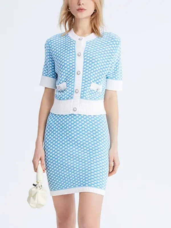 Sky Blue Jacquard Knit Short Sleeve Cardigan