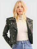 Women Star Studded Cropped Black Biker Leather Jacket