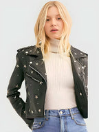 Women Star Studded Cropped Black Biker Leather Jacket