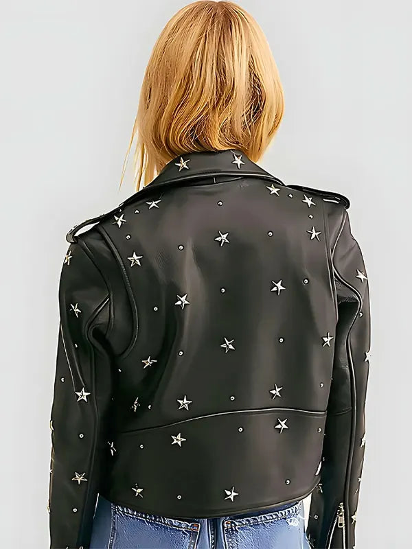 Women Star Studded Cropped Black Biker Leather Jacket