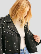 Women Star Studded Cropped Black Biker Leather Jacket