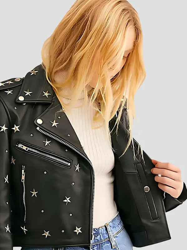 Women Star Studded Cropped Black Biker Leather Jacket