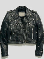 Women Star Studded Cropped Black Biker Leather Jacket