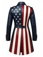 Women USA Flag Real Leather Trench Coat