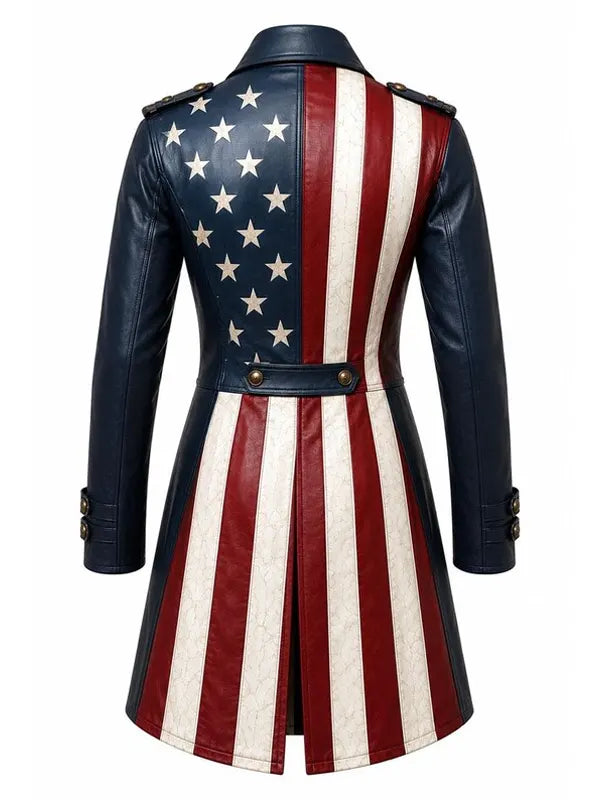 Women USA Flag Real Leather Trench Coat