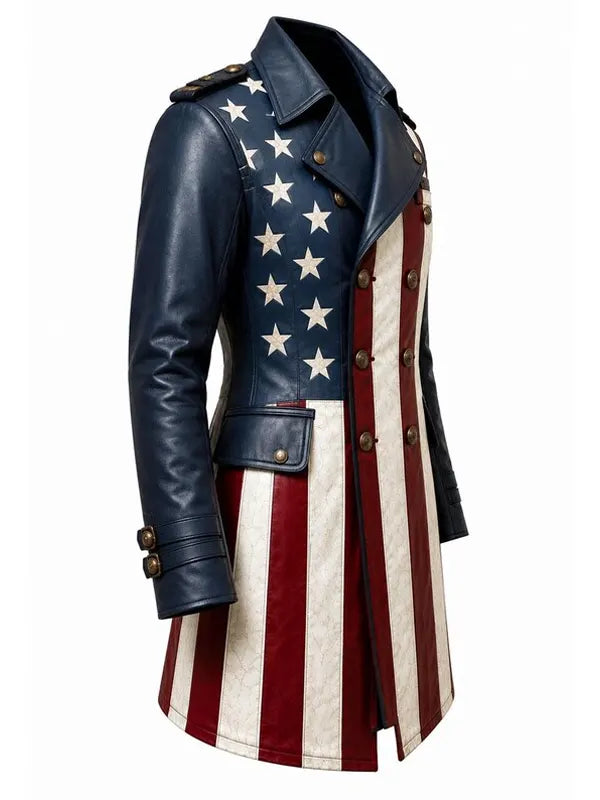 Women USA Flag Real Leather Trench Coat