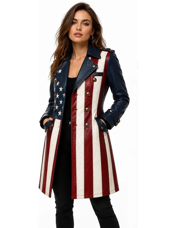 Women USA Flag Real Leather Trench Coat