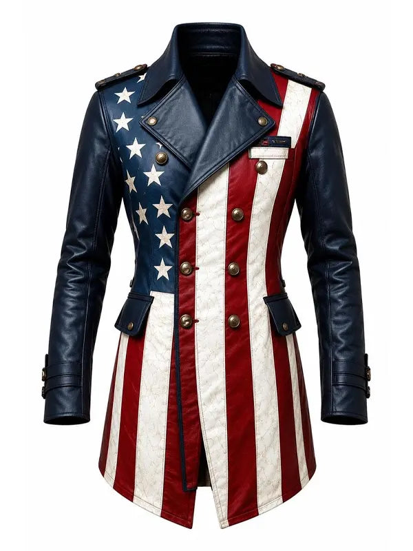 Women USA Flag Real Leather Trench Coat