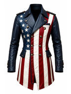 Women USA Flag Real Leather Trench Coat