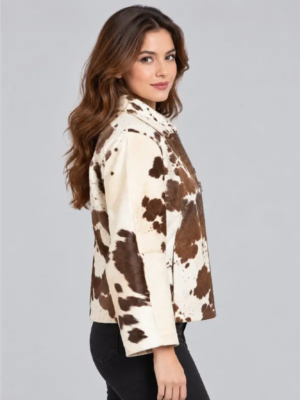 Women's Brown & White Cowhide Leather Jacket