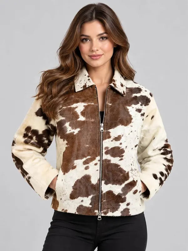Women's Brown & White Cowhide Leather Jacket
