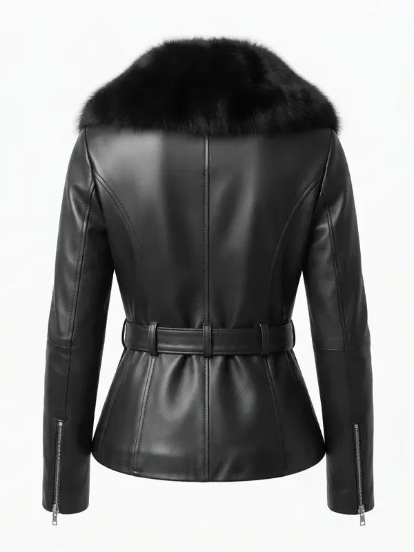 Women’s Fur Collar Black Leather Jacket