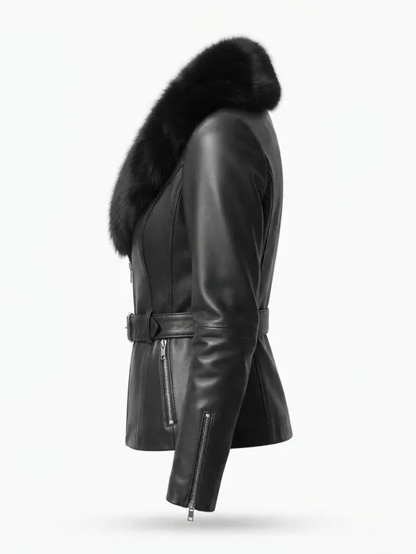 Women’s Fur Collar Black Leather Jacket