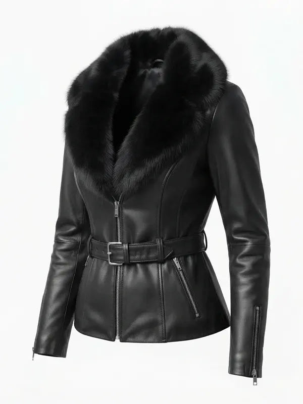 Women’s Fur Collar Black Leather Jacket