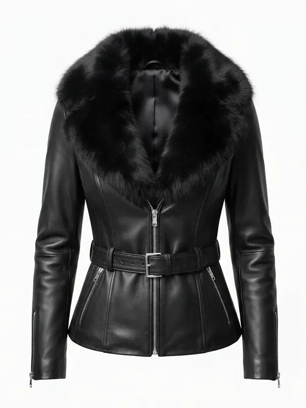 Women’s Fur Collar Black Leather Jacket