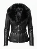 Women’s Fur Collar Black Leather Jacket