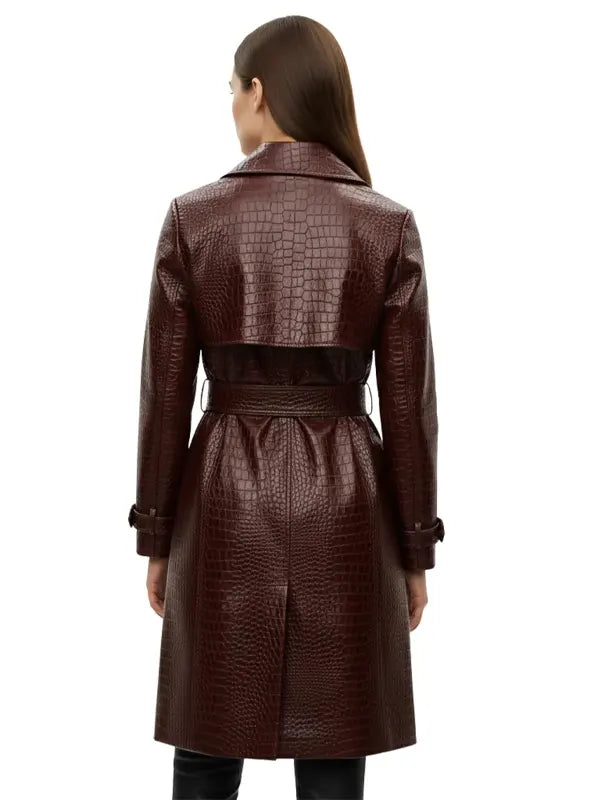 Women's Crocodile Embossed Maroon Leather Trench Coat