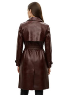 Women's Crocodile Embossed Maroon Leather Trench Coat