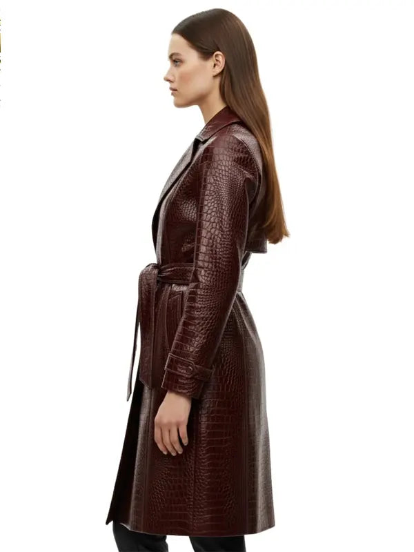 Women's Crocodile Embossed Maroon Leather Trench Coat