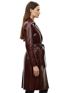 Women's Crocodile Embossed Maroon Leather Trench Coat