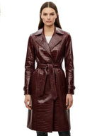 Women's Crocodile Embossed Maroon Leather Trench Coat