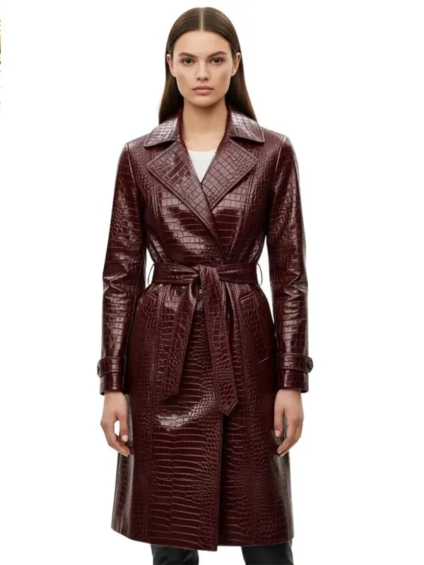 Women's Crocodile Embossed Maroon Leather Trench Coat